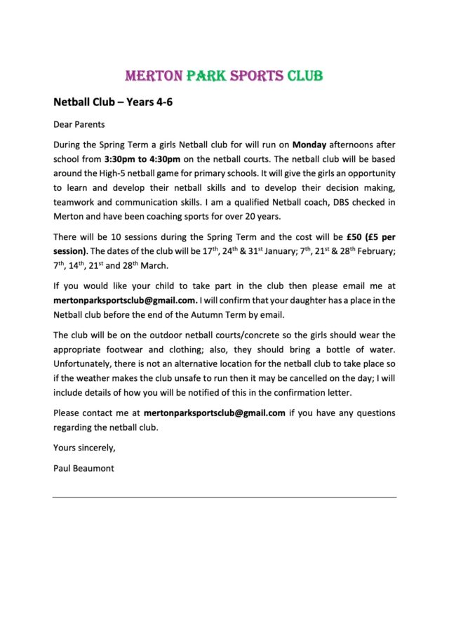 Merton Park Sports Club Girls Netball Club Spring 2022